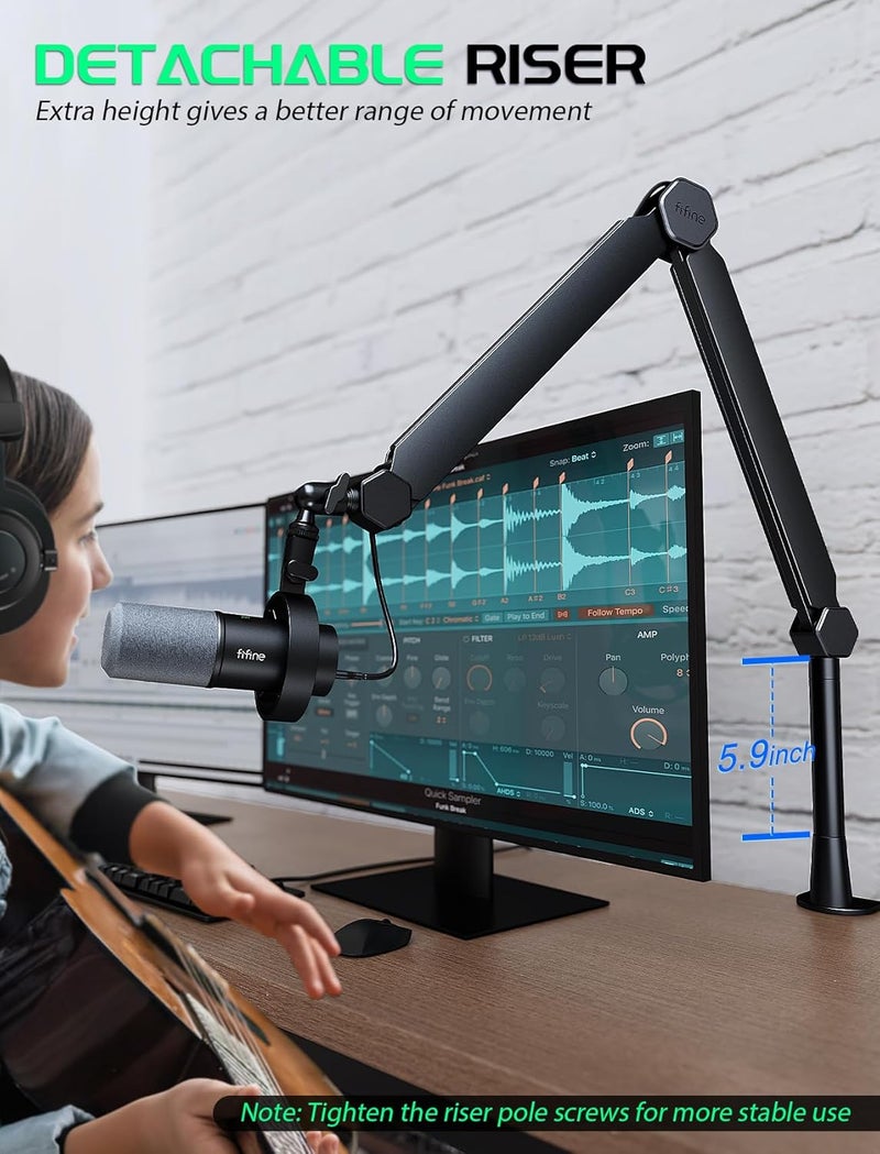 FIFINE Mic Boom Arm, Microphone Stand with Cable Management Channels, Extension Tube, Desk Clamp, Thread Adapter, Fully Adjustable Metal-Built Podcast Mic Arm for Streaming Gaming Recording-BM66T - Image 2